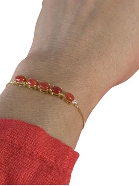 925 Sterling Silver Adjustable Bracelet with Natural Oval Red Coral 4x5mm & Cz